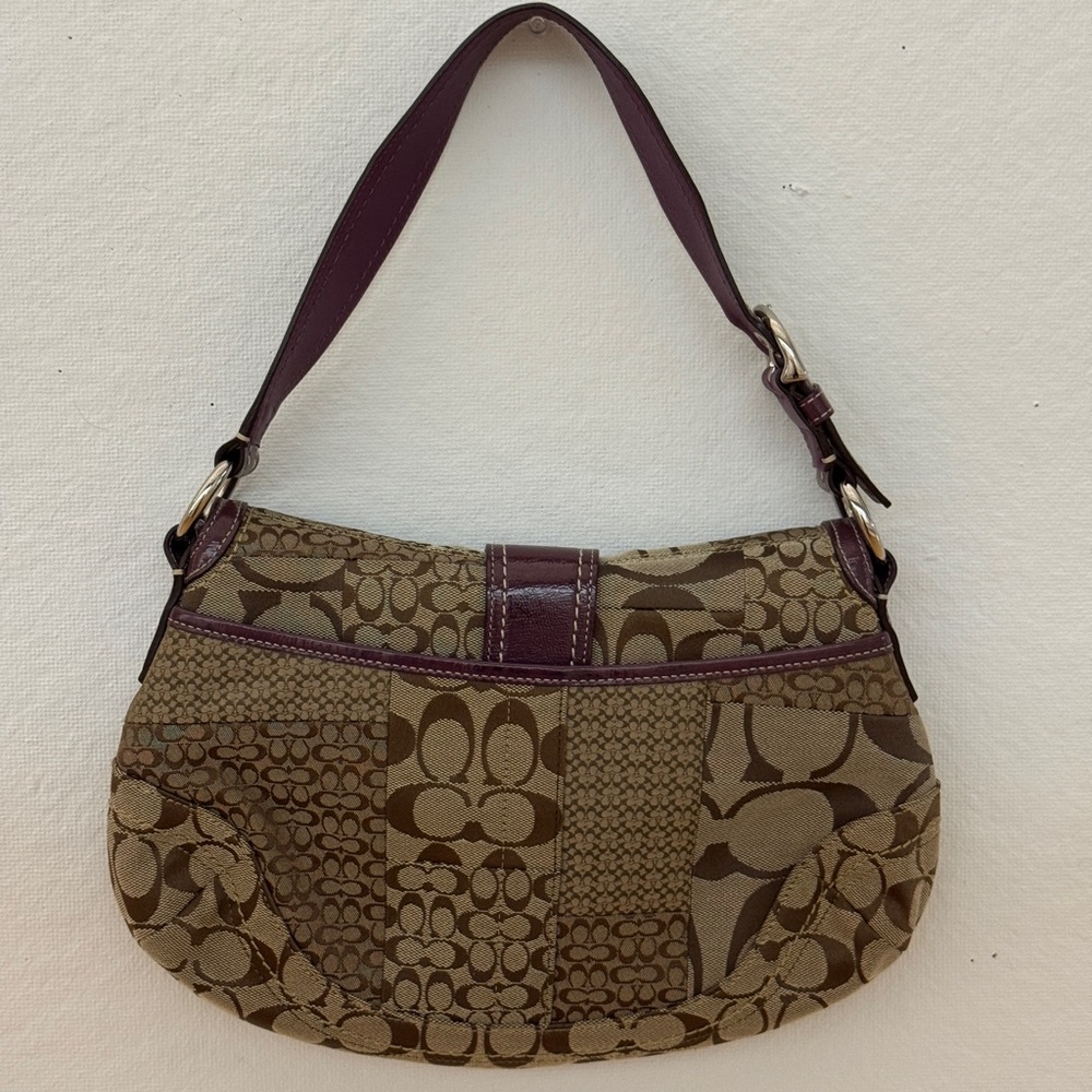 Coach Signature Patchwork Shoulder Bag in Tan and Purple - Picture 2 of 10